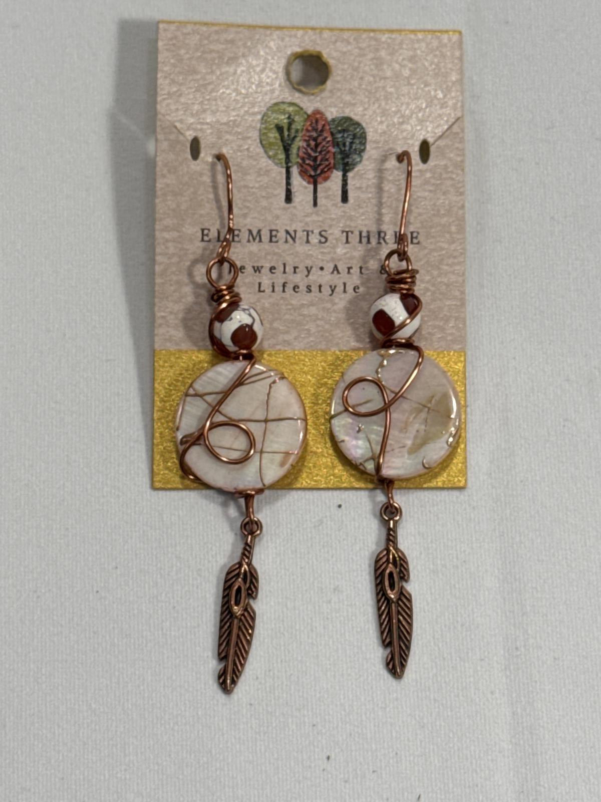 Hand Crafted Wire Wrapped Natura Stone Elements Feather Accent Earrings Artisan