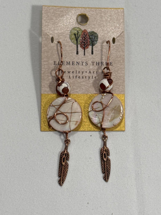 Hand Crafted Wire Wrapped Natura Stone Elements Feather Accent Earrings Artisan