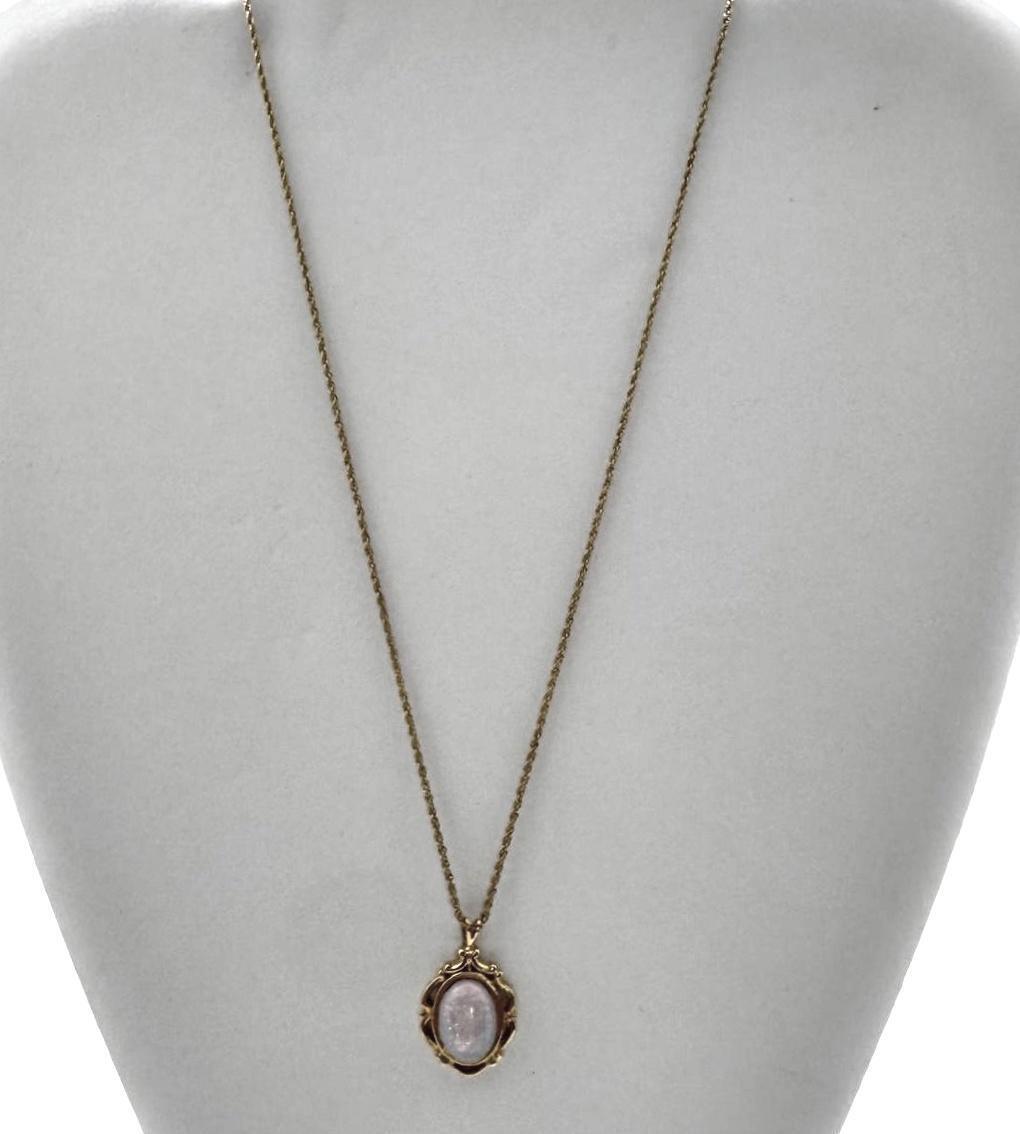 Elegant Vintage Gold Tone Pendant Necklace with Pink Opal Style Stone