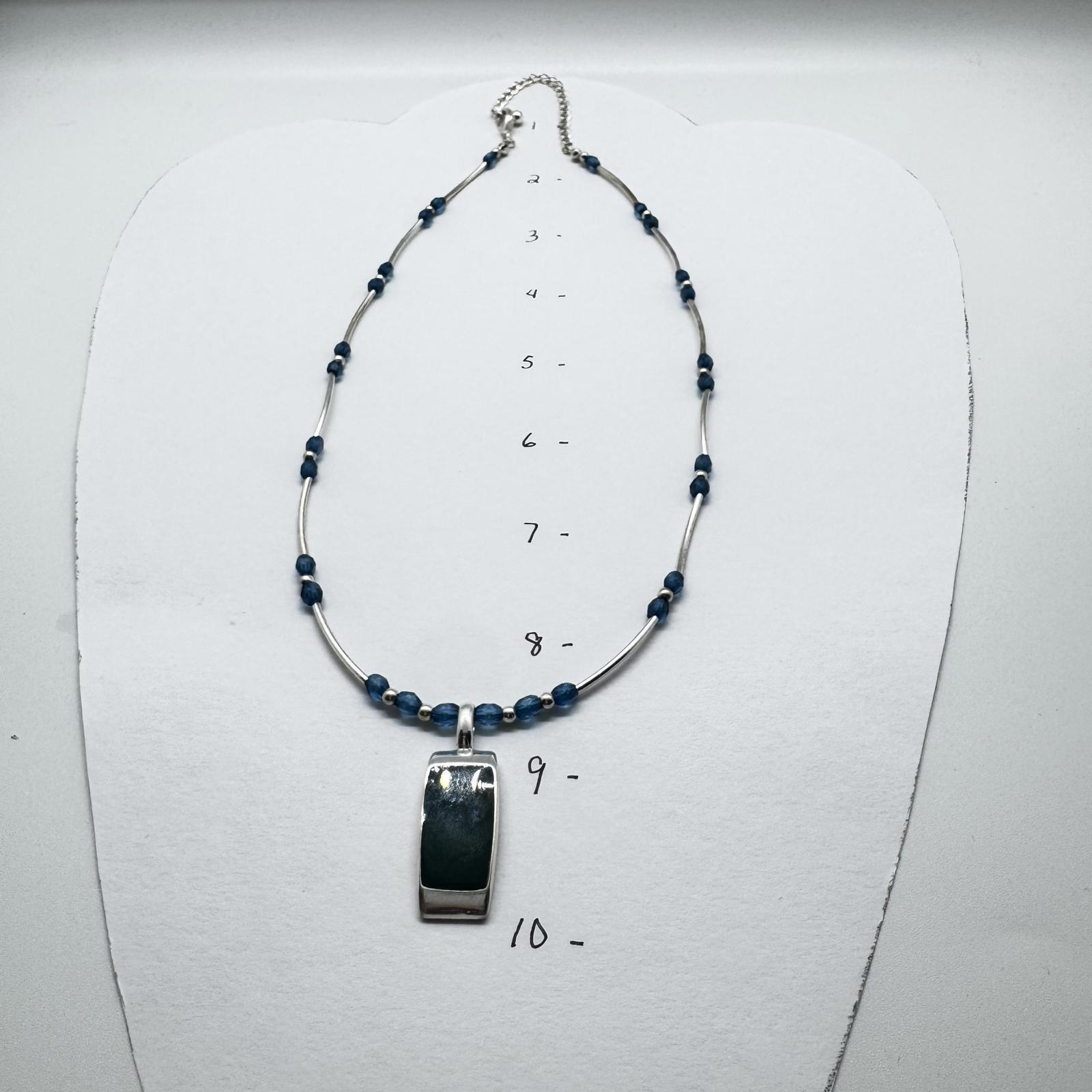 Signed Elegant Blue Beaded Necklace with Silver Tone Pendant BoHo Artisan VTG