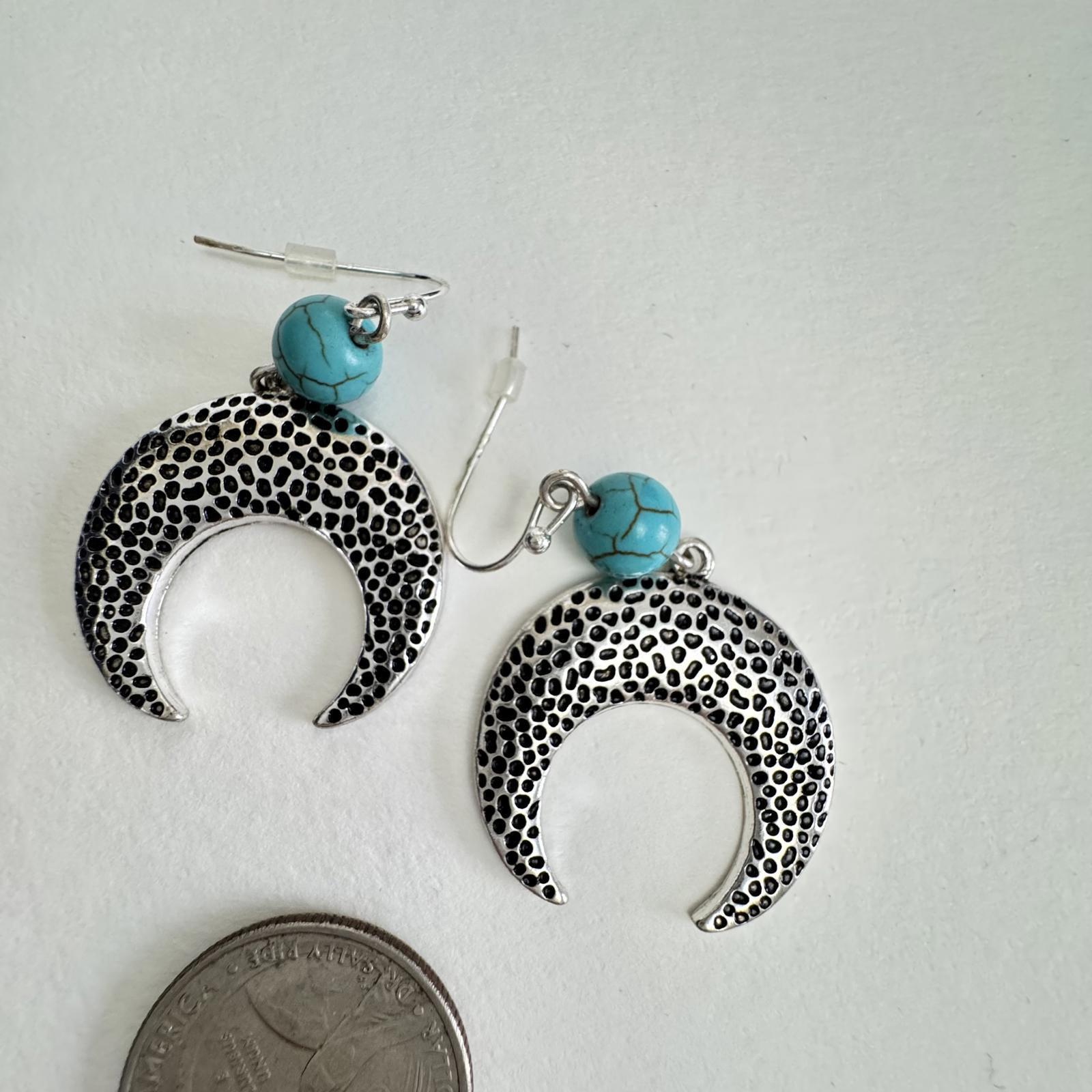 Silver-Tone Crescent Moon Earrings with Turquoise Beads – Boho Jewelry