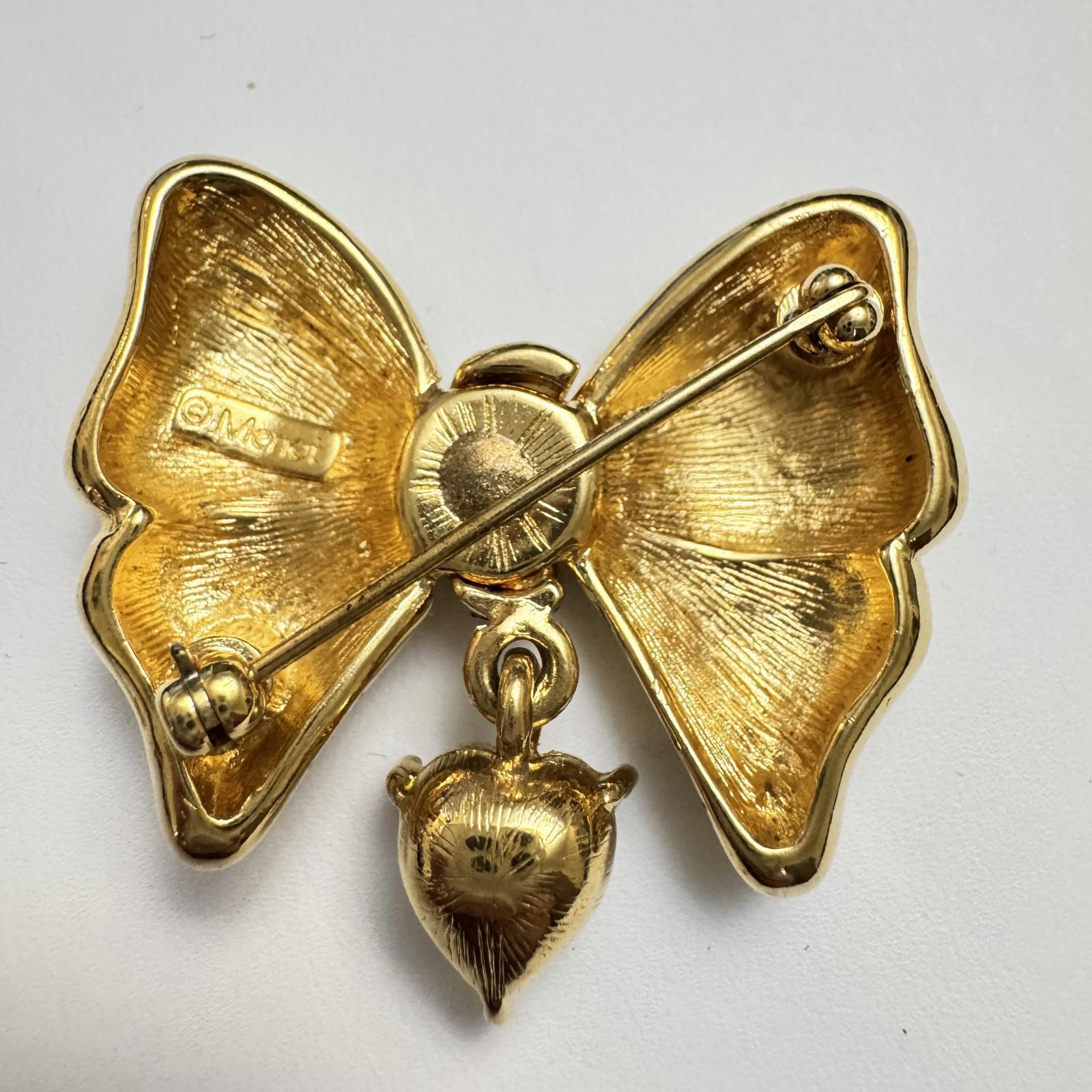  VTG Monet Gold Bow Brooch with Dangling Heart – Romantic Grandmacore Jewelry