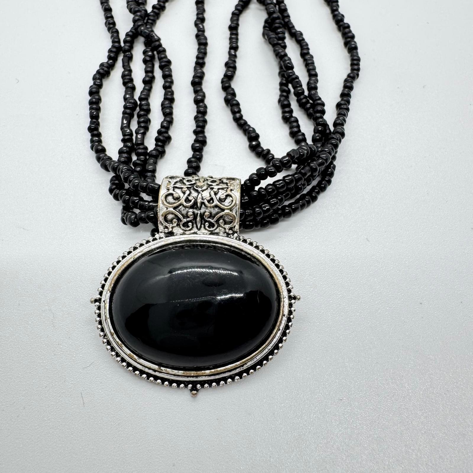 Silver-Tone Black Beaded Multi-Strand Necklace – Statement Pendant Jewelry