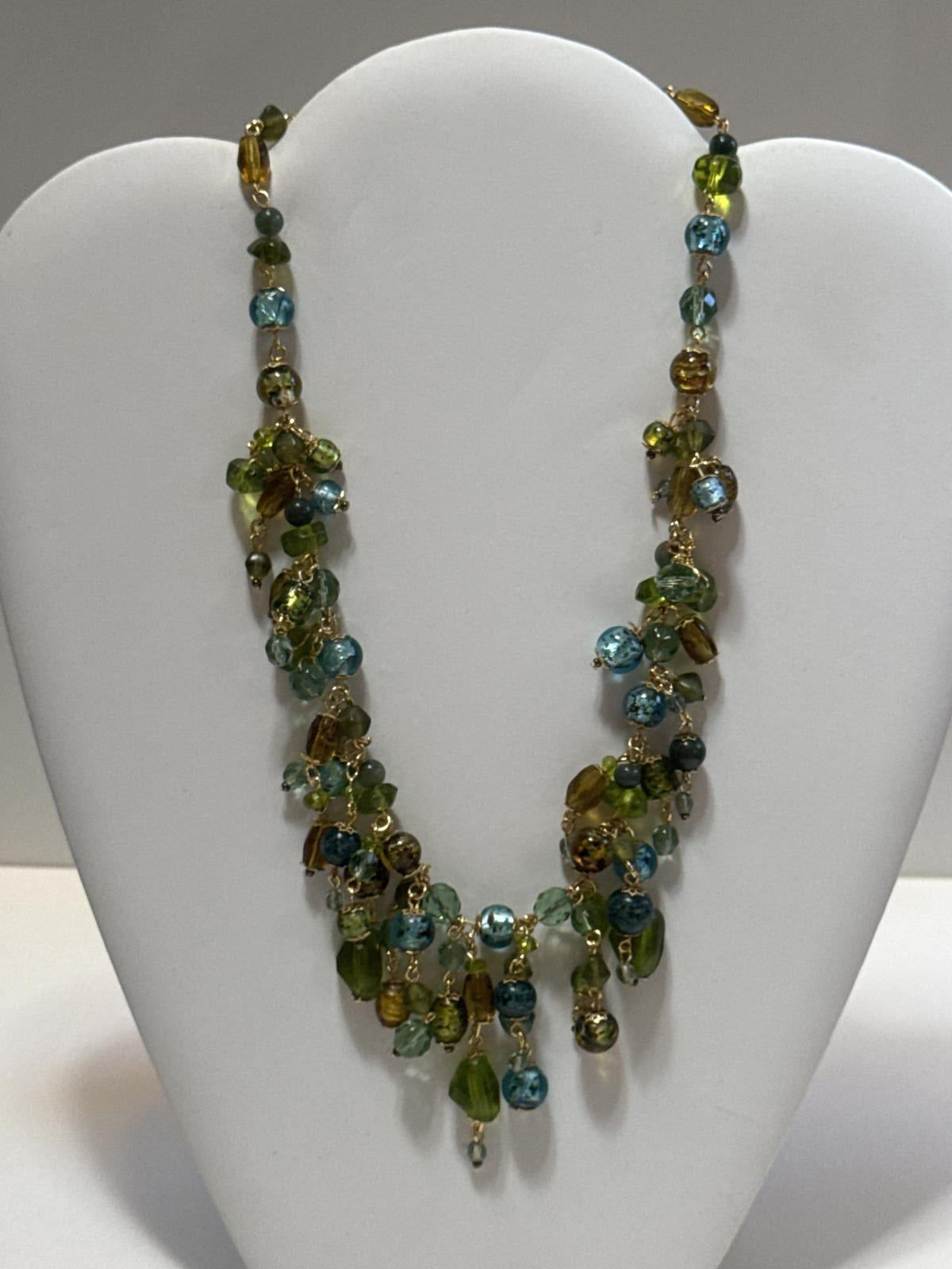 Multi-Strand Beaded Necklace – Green & Blue Glass Bead Statement Jewelry
