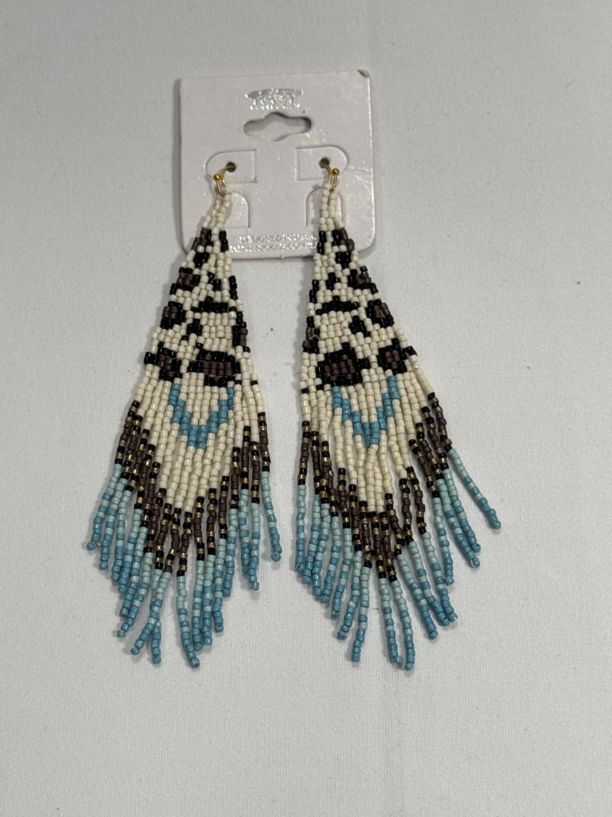 Beaded Fringe Earrings Blue, Brown and Cream BoHo style NWT
