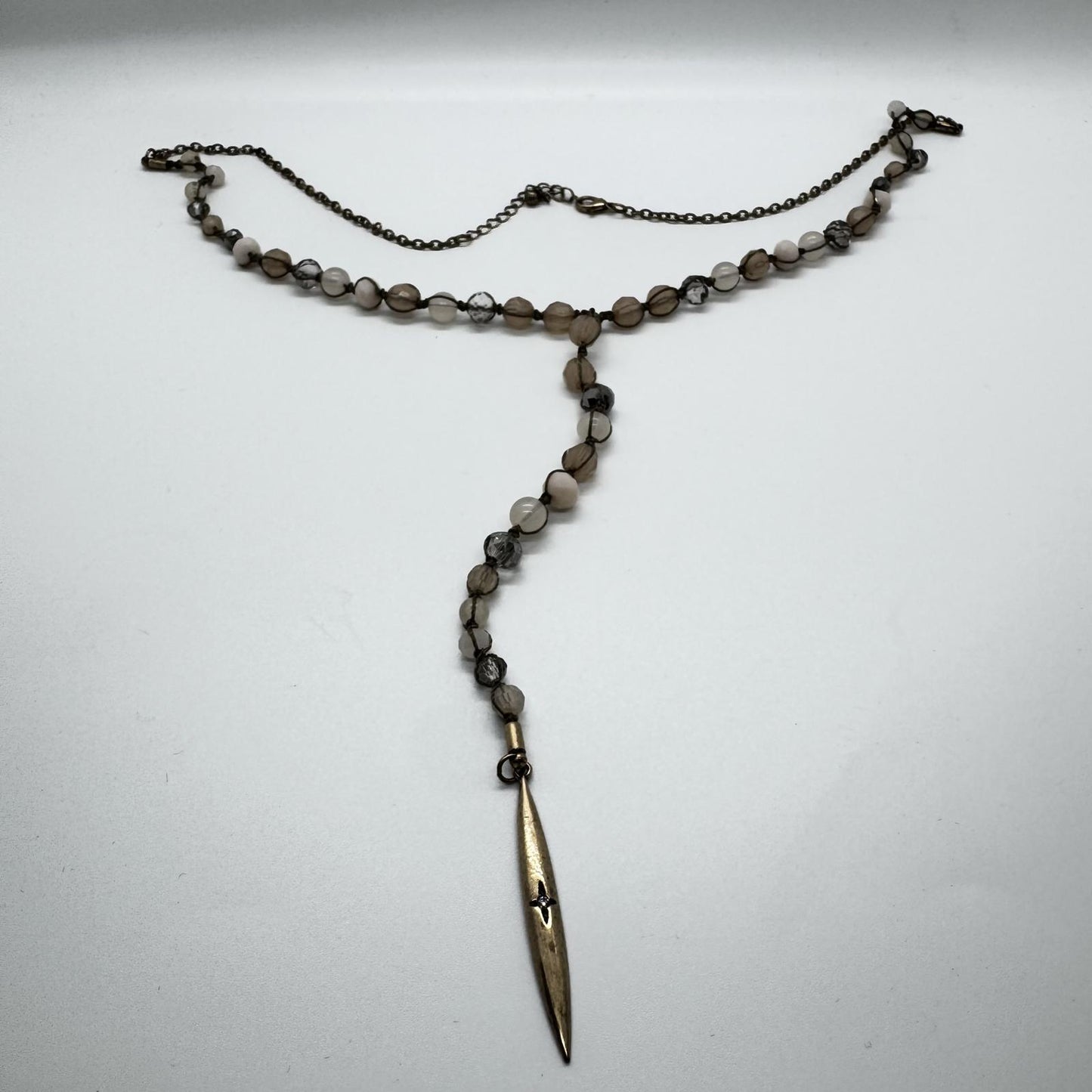 Vintage Bronze-Tone Y Lariat Necklace – Beaded Dangle Pendant Boho Jewelry