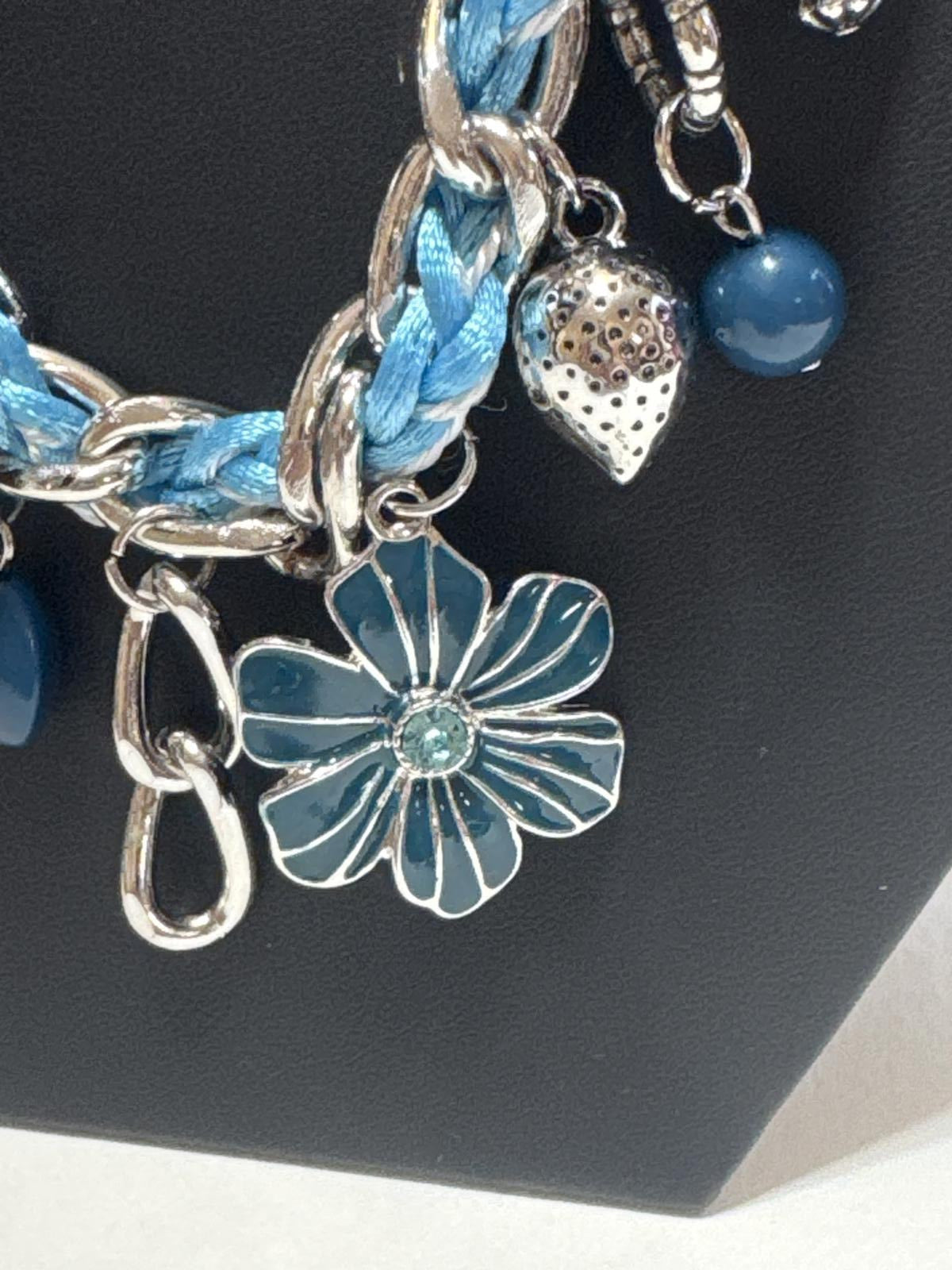 Silver-Tone Blue Charm Necklace – Braided Chain Faith & Floral Pendant Jewelry