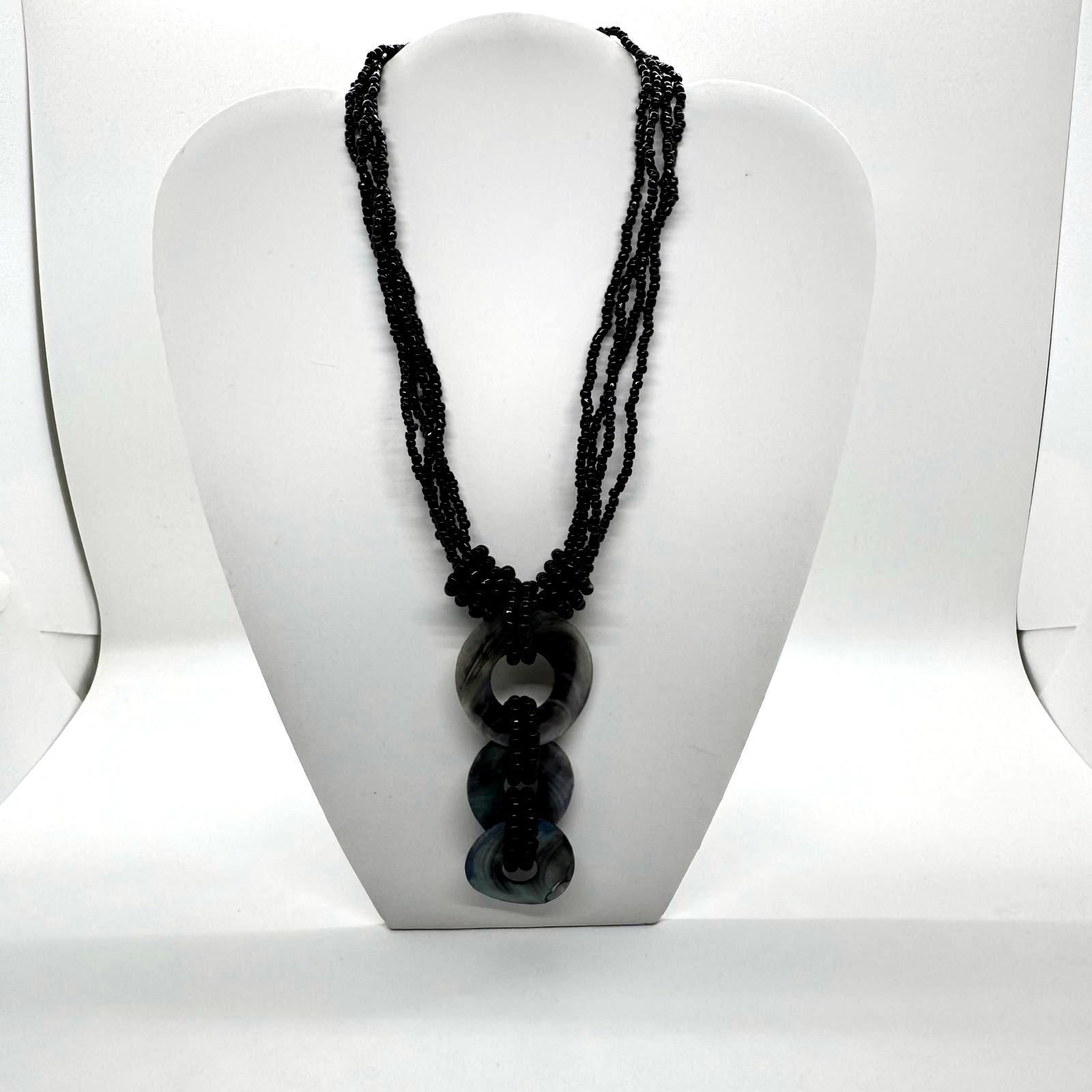 Black Beaded Multi-Strand Shell Pendant Necklace – Boho Statement Jewelry