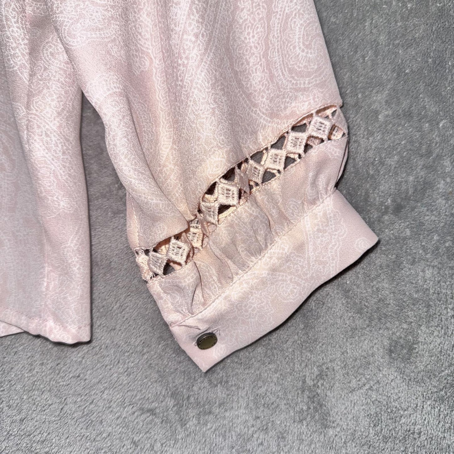 Ivanka Trump Blush Pink Boho Blouse – Lace Detail, Long Sleeve, Women's M
