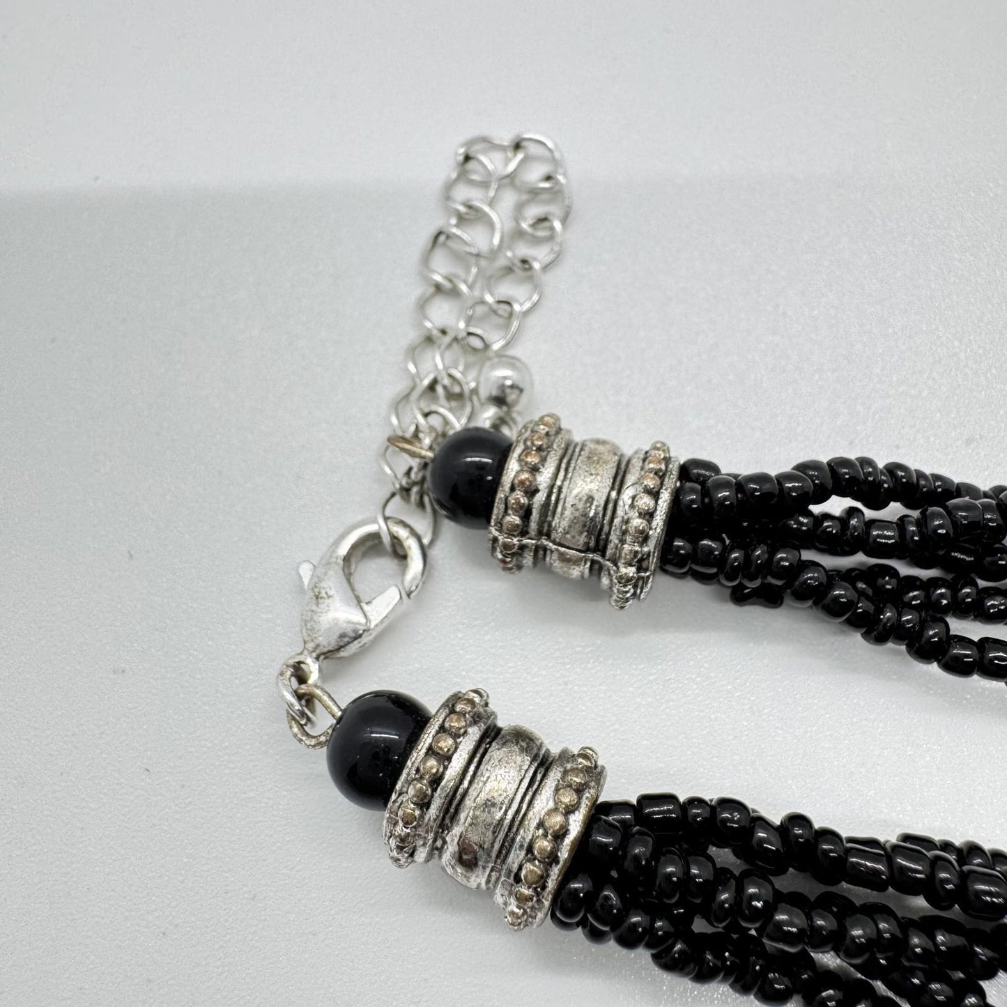 Silver-Tone Black Beaded Multi-Strand Necklace – Statement Pendant Jewelry