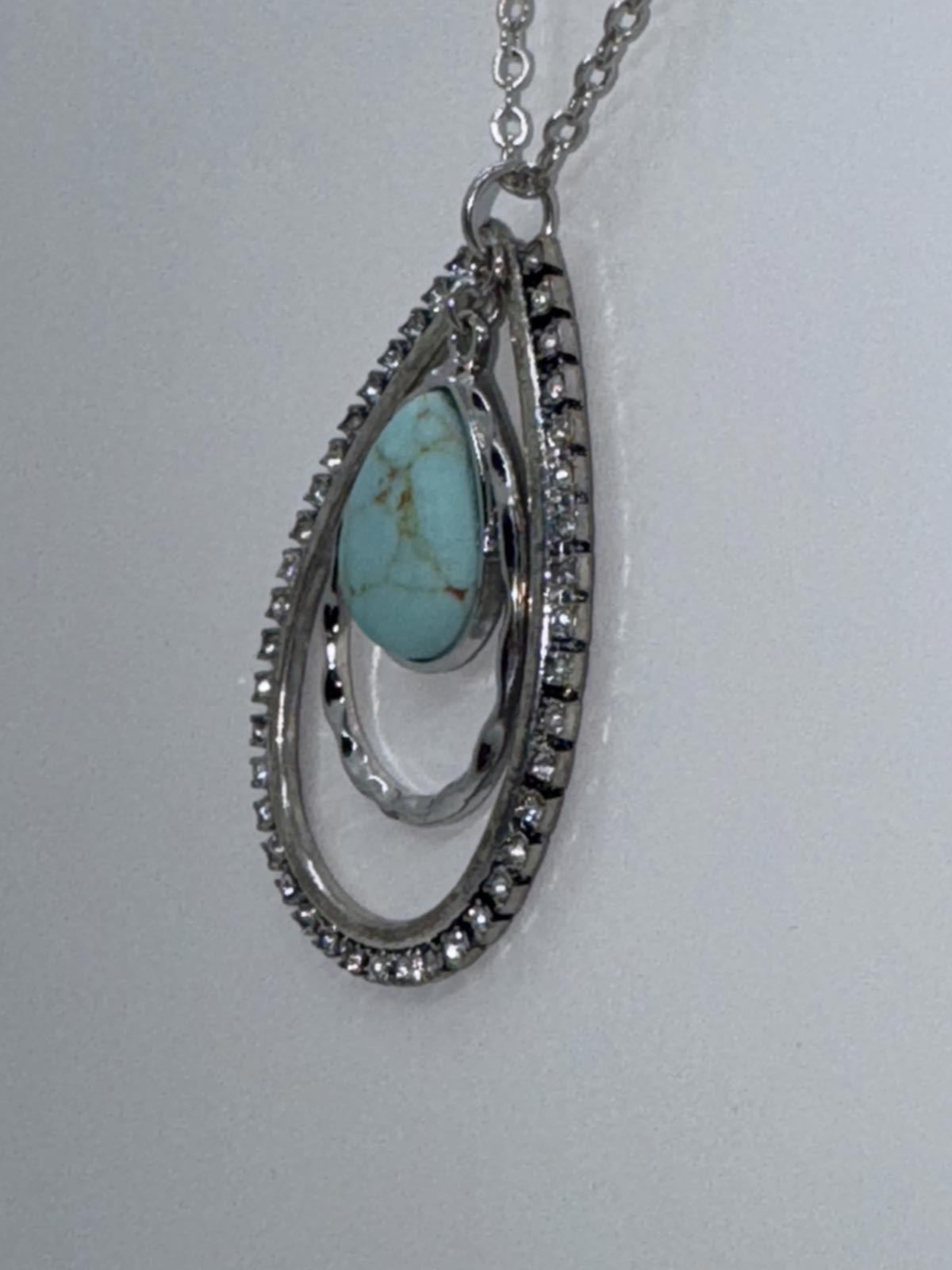Silver-Tone Turquoise & Rhinestone Teardrop Pendant Necklace – Boho Statement