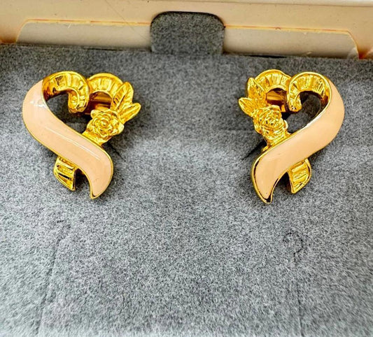 Vintage Avon Gold-Tone & Enamel Heart Clip-On Earrings – Romantic Ribbon Design