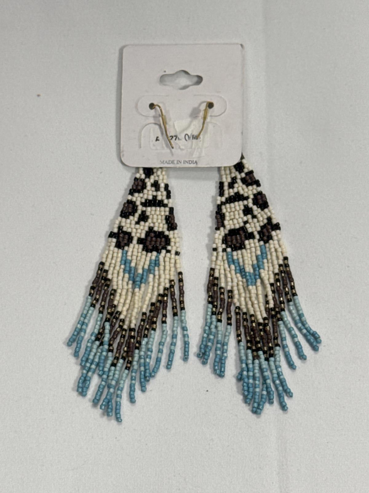 Beaded Fringe Earrings Blue, Brown and Cream BoHo style NWT
