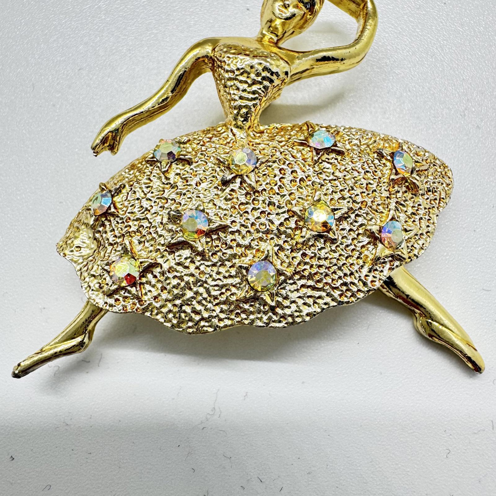 Vintage Gold-Tone Ballerina Brooch – Rhinestone Embellished Ballet Dancer Pin