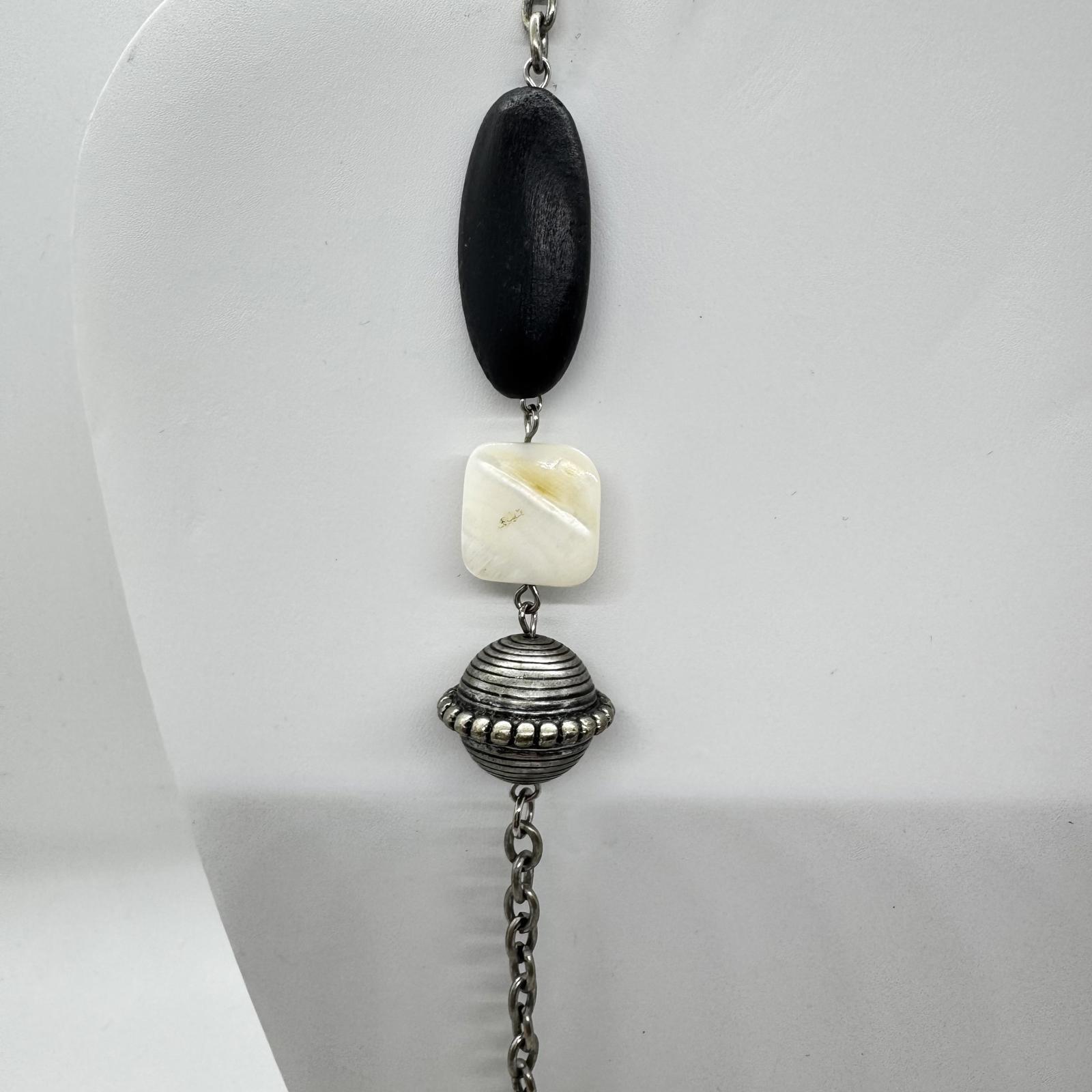 Black & White Mixed Bead Long Statement Necklace – Modern Boho Chunky Jewelry