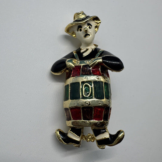 Vintage Brooch Rodeo Clown in a Barrel Gold Tone White Enamel Red Amber Black 