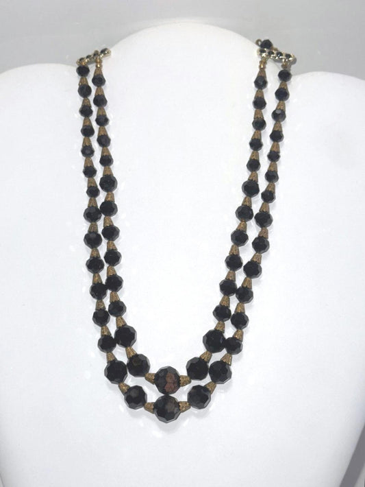 Vintage Black Faceted Bead Necklace – Double Strand Gold-Tone Statement Jewelry