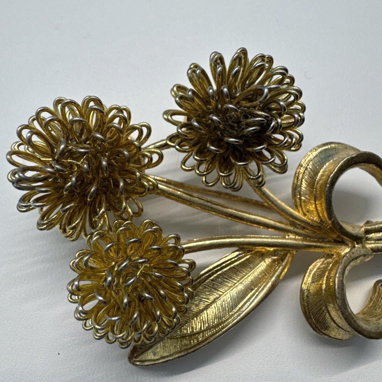 Vtg 3" Yellow Fall Mums Flower Bouquet Brooch Gold Tone Large