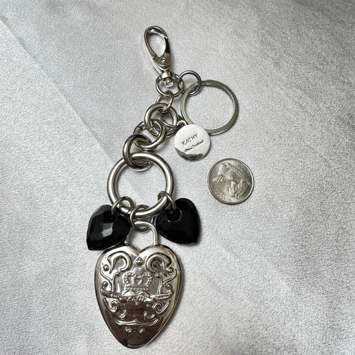 Kathy Van Zeeland Silver Tone Heart Keychain or Purse Charm with Black Accents