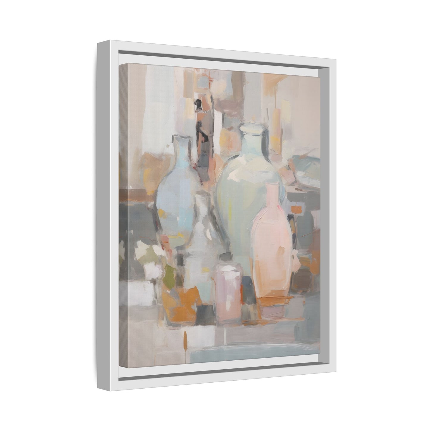 Modern Abstract Still Life Wall Art – Colorful Framed Canvas with Blue, Pink & Terracotta Bottles