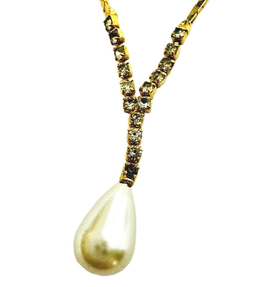 Vintage Gold Tone Y Necklace Faux Pearl Drop Pendant Delicate Chain 16"