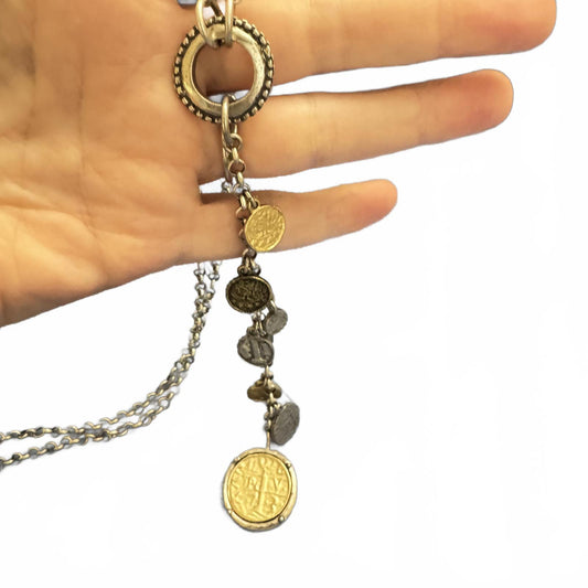 Chico's Unique Layered Y Drop Coin Necklace BoHo Style Statement Multi-Tone