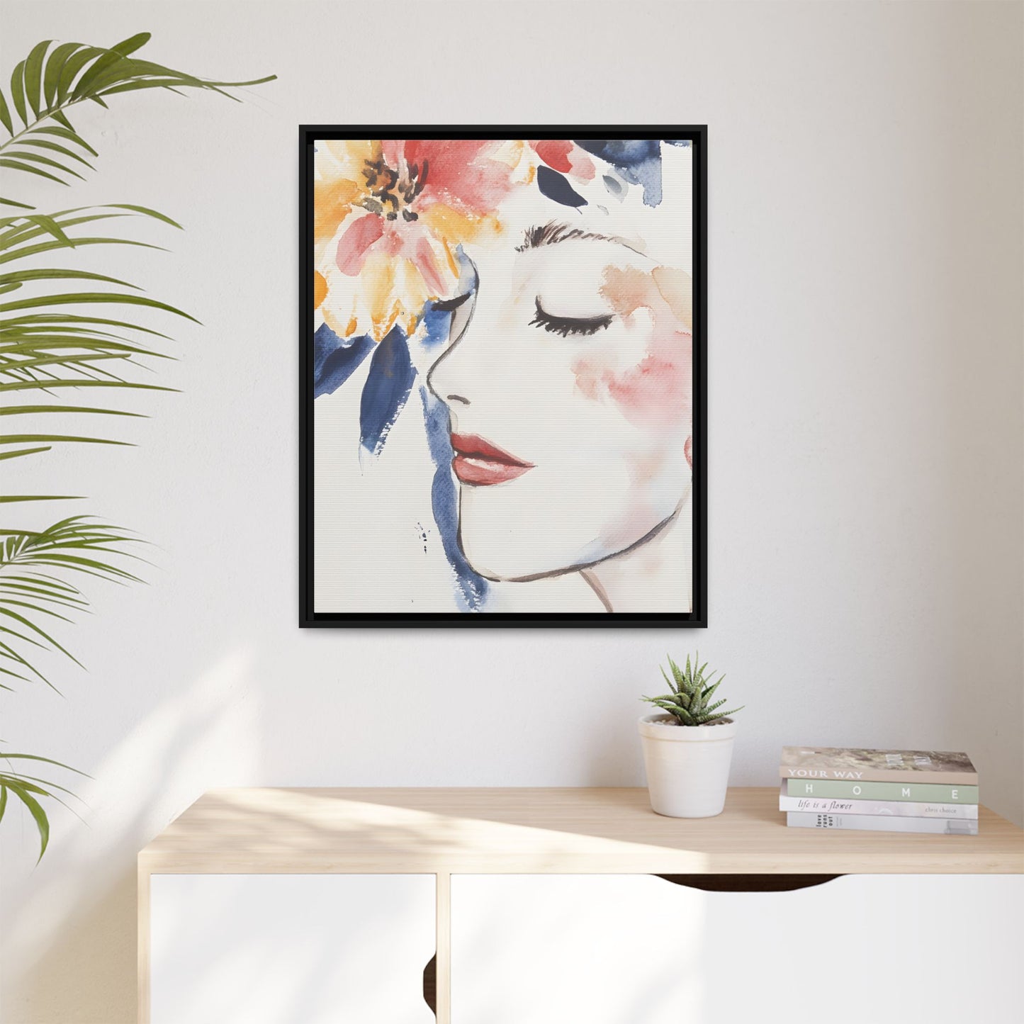 Multi-Color Framed Matte Canvas Art - Floral Face Portrait