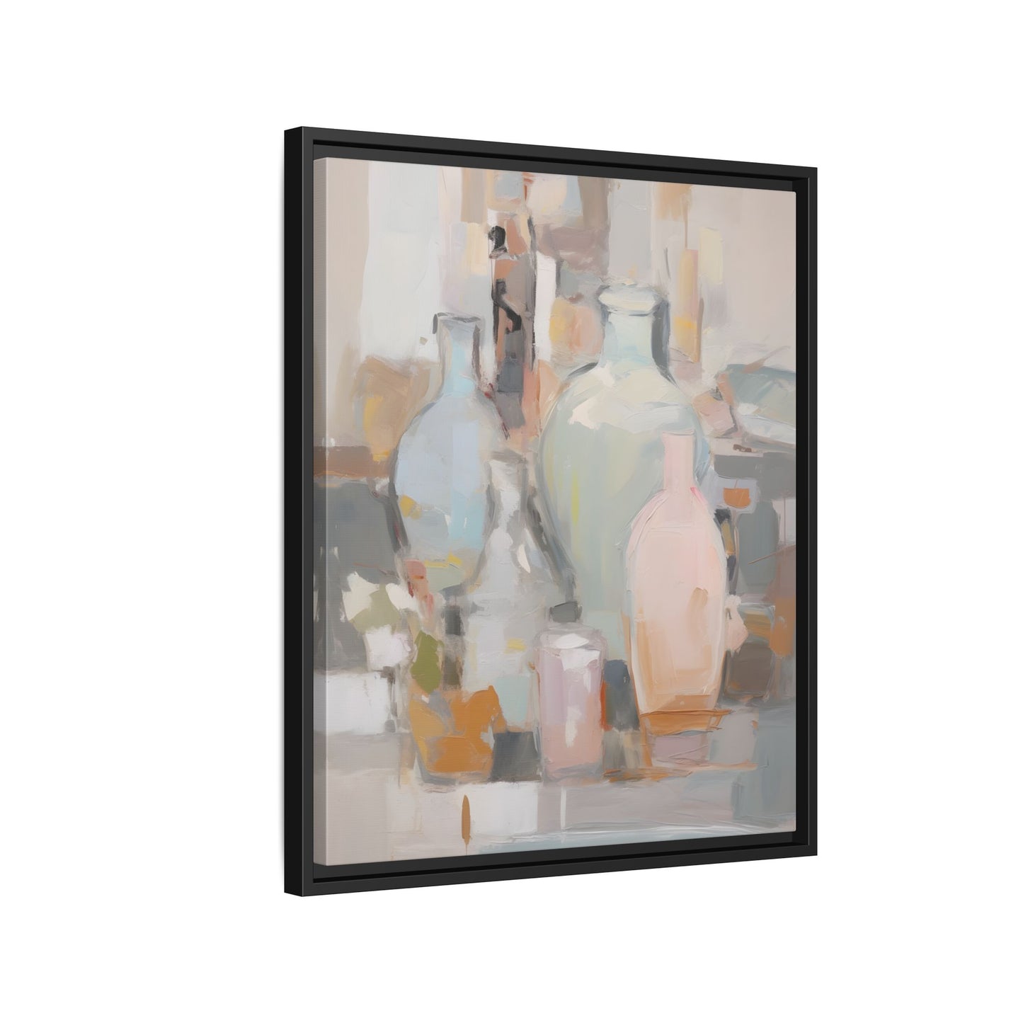 Modern Abstract Still Life Wall Art – Colorful Framed Canvas with Blue, Pink & Terracotta Bottles