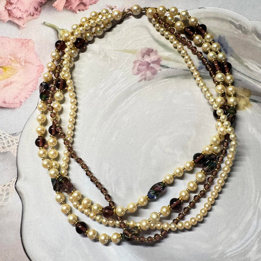Vintage Marvella Multi-Strand Faux Pearl and Glass Bead Necklace