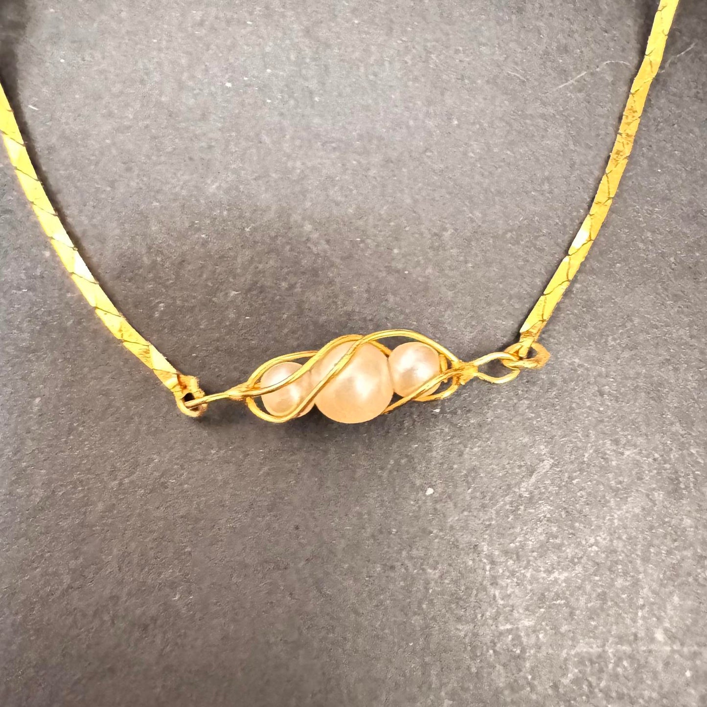 Gold Tone Pea Pod Necklace – Faux Pearl Beads, VTG Style Dainty Costume Jewelry
