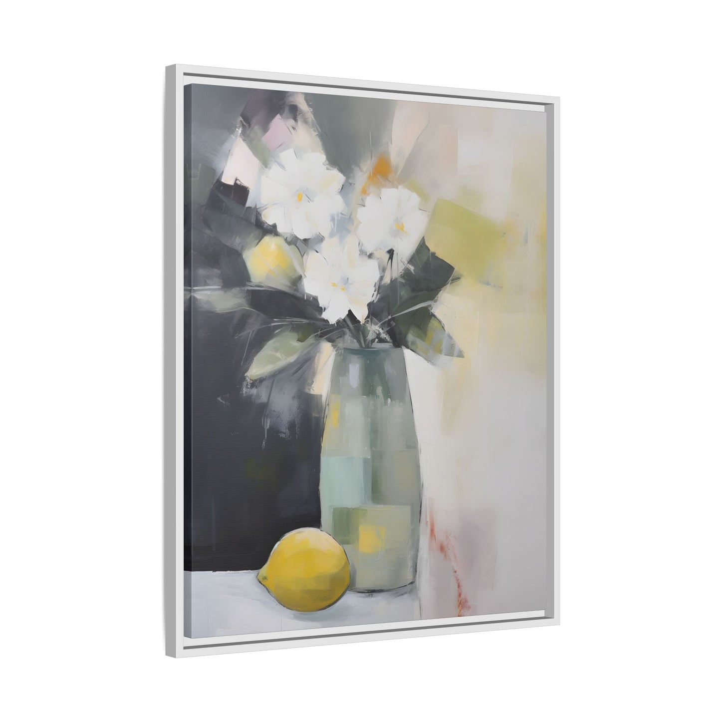 Modern Floral Still Life Wall Art – Framed Canvas with White Flowers and Lemon in Soft Green Vase