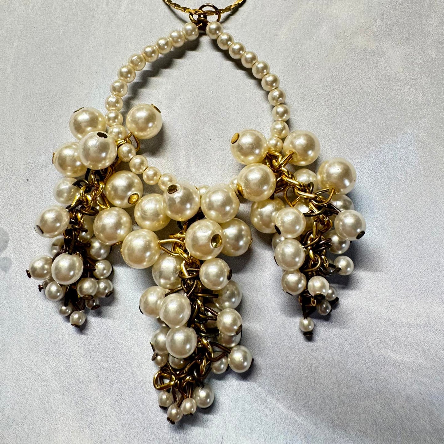 Vintage Faux Pearl Cluster Necklace with Gold Accents Korea Signed