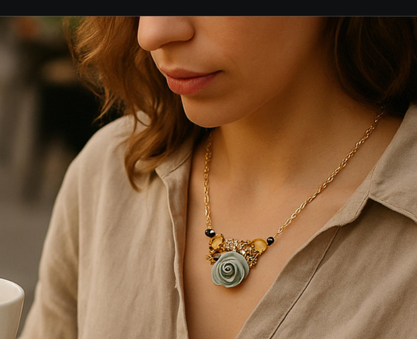Handcrafted Floral Statement Necklace with Gold Tone Accents