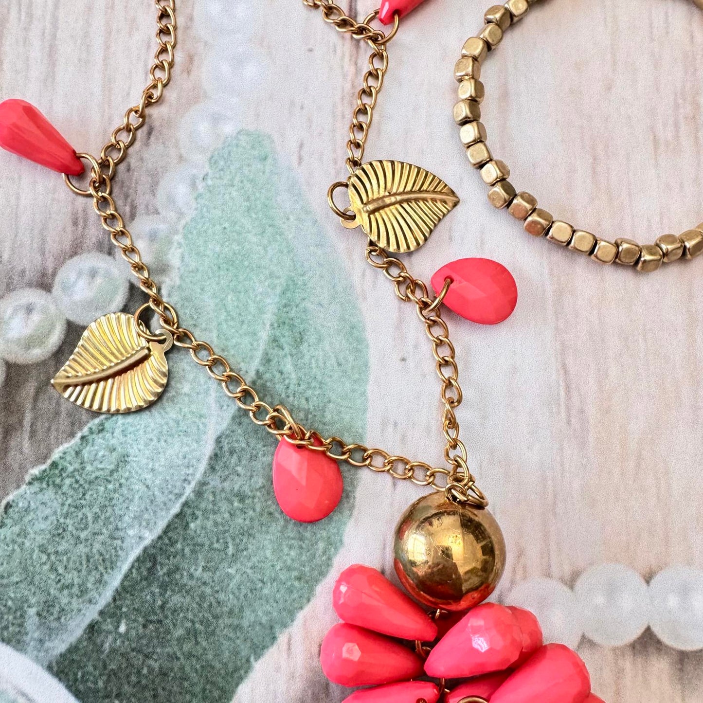 Coral Color Long Statement Necklace w/ Tassel and Leaf Charms & Co/ Bracelet