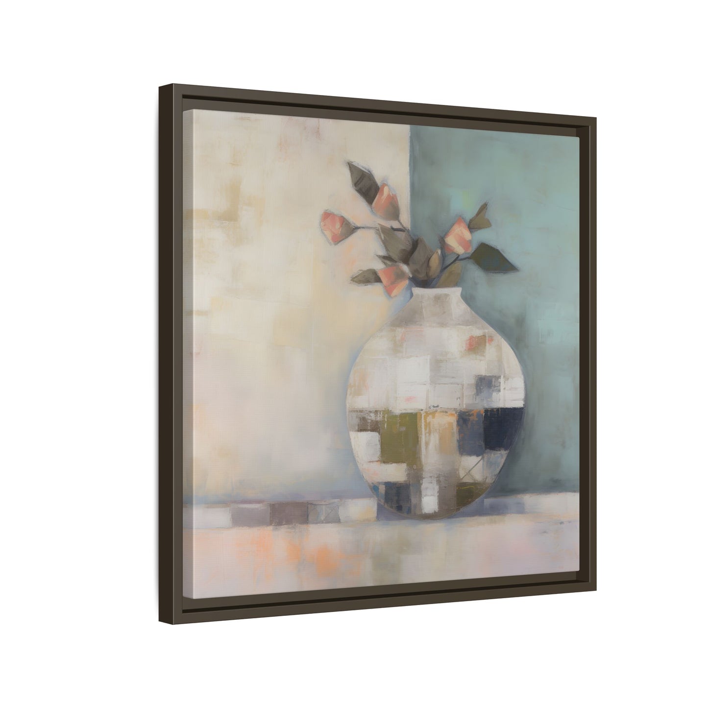 Geometric Floral Still Life Wall Art – Framed Abstract Canvas with Vase and Blush Pink Buds