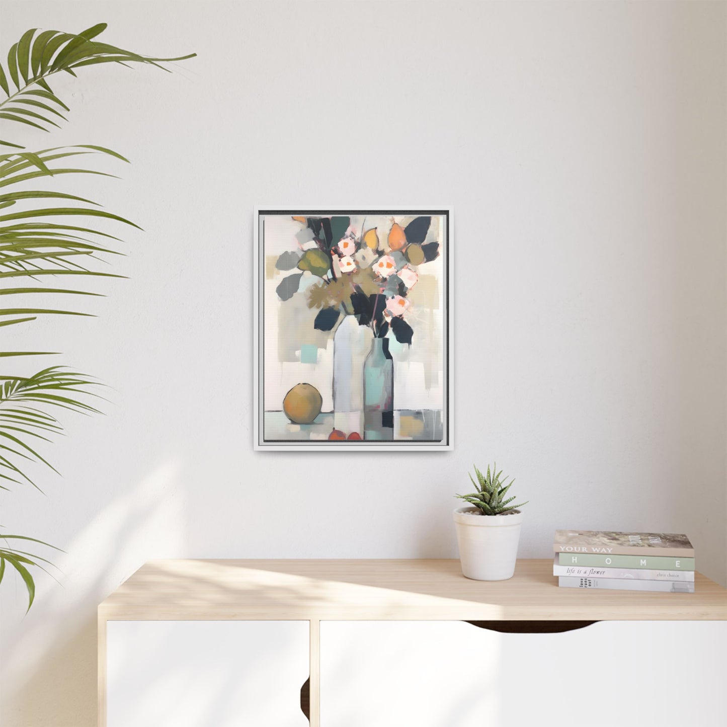 Modern Floral Still Life Wall Art – Framed Canvas with Bold Leaves and Citrus in Vase