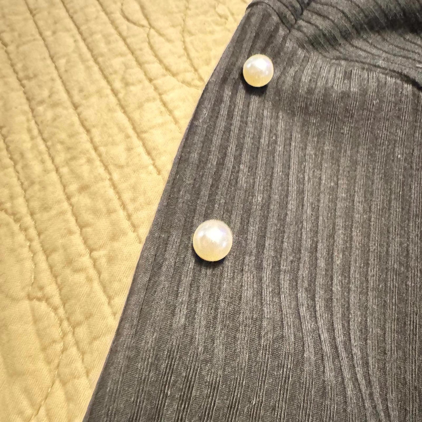 Black Ribbed Long Sleeve Top with Pearl Accents and White Collar NWT