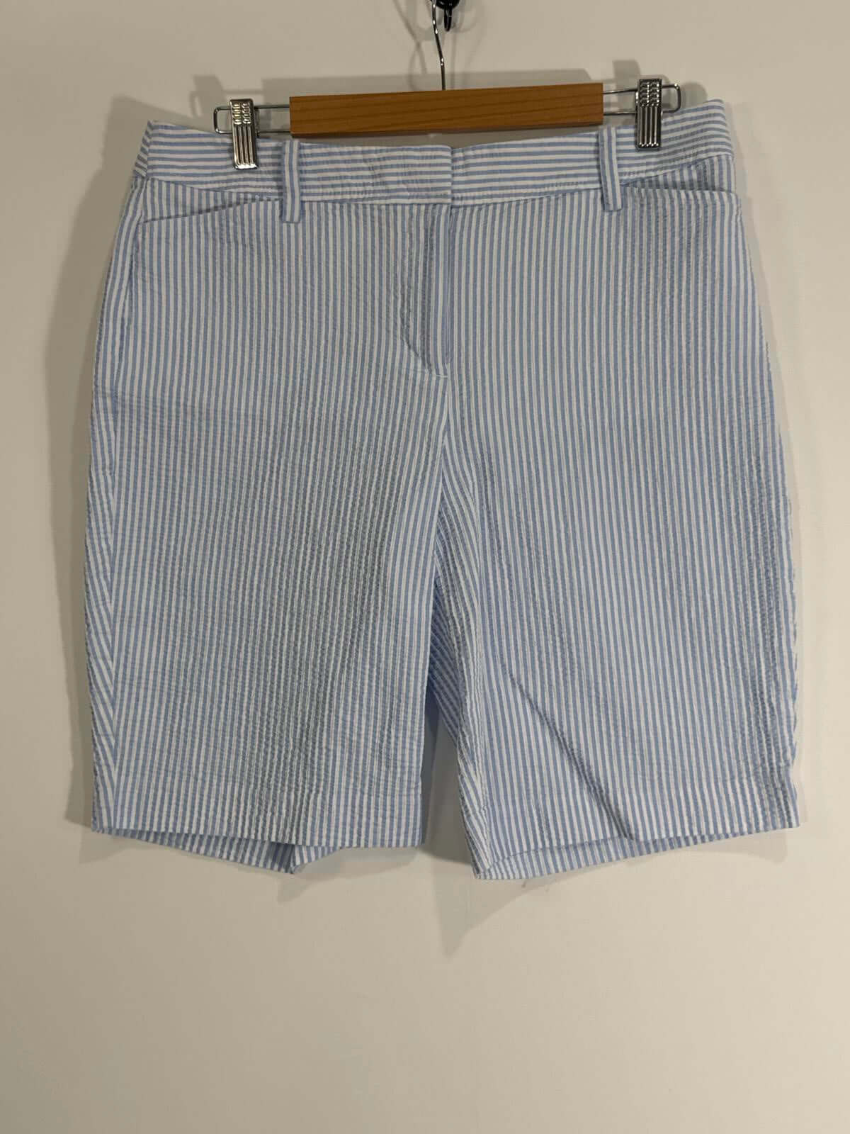 Talbots Women's Striped Bermuda Shorts in blue and white, showcasing classic style with a flattering fit, ideal for warm weather.
