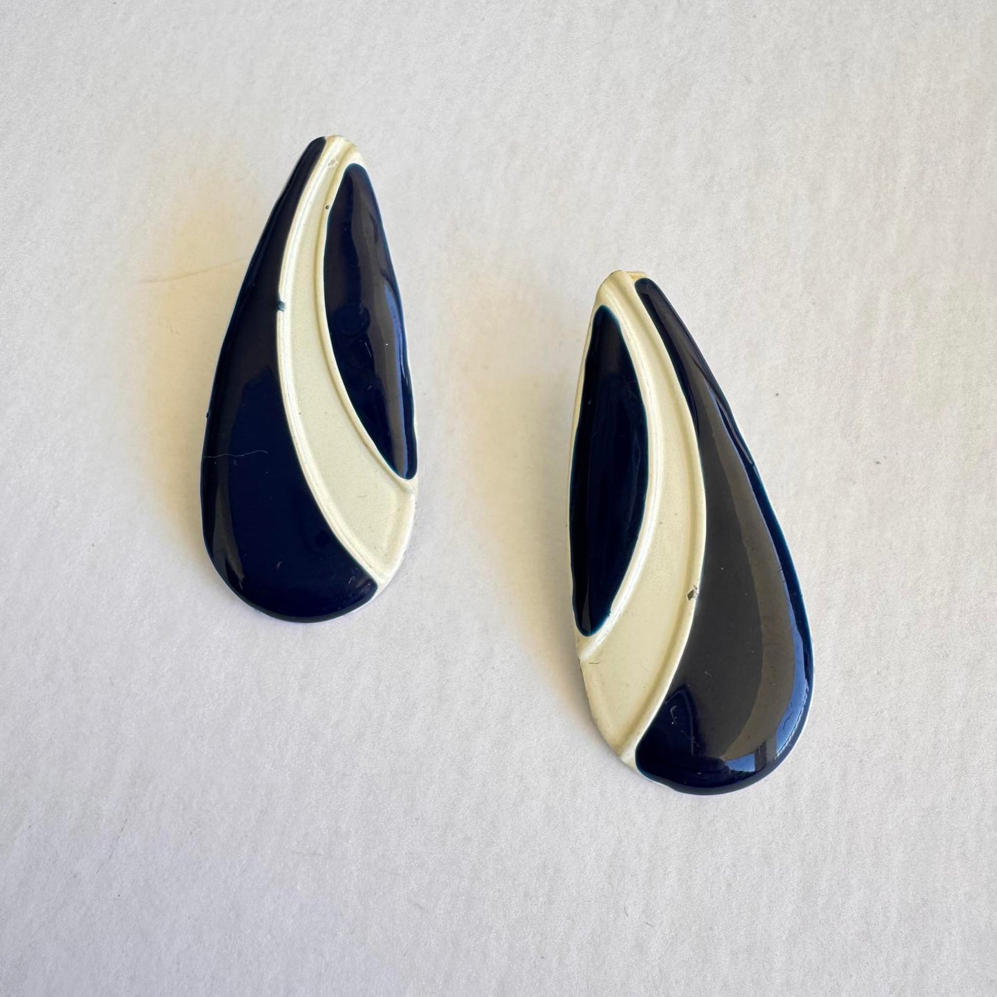 Vintage Elegant Navy and White Drop Enamel Earrings