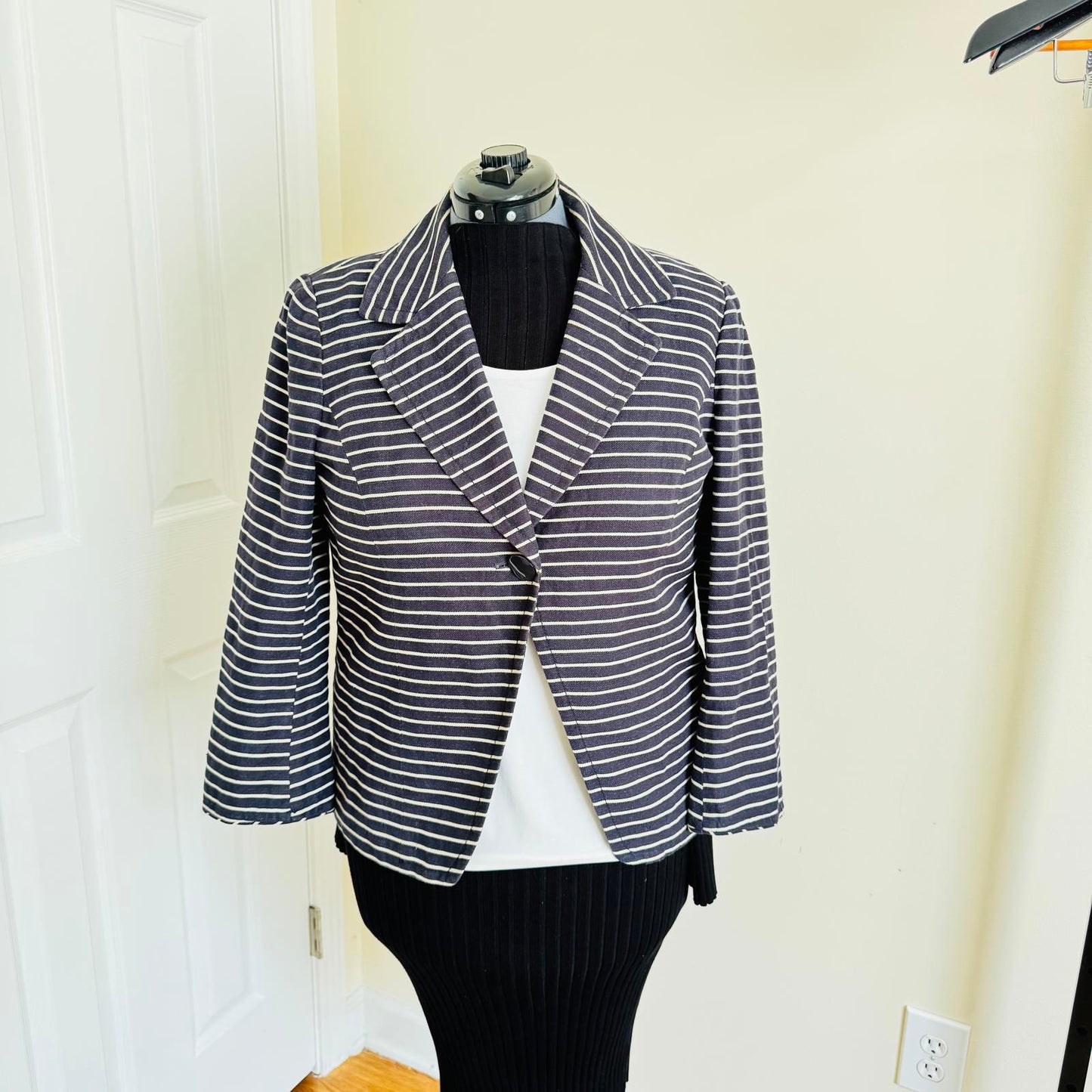 Coldwater Creek Striped Blazer Women’s 10 Navy White Cotton Linen Jacket Casual