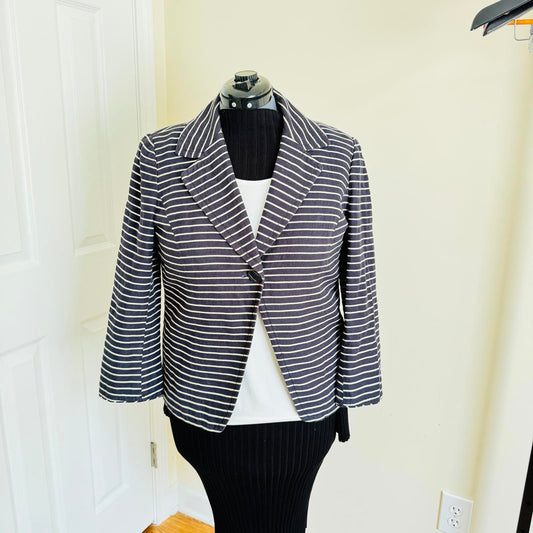 Coldwater Creek Striped Blazer Women’s 10 Navy White Cotton Linen Jacket Casual