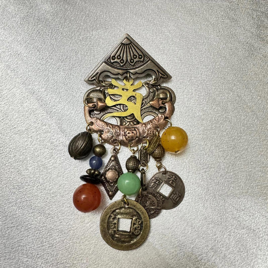 Vintage Multicolor Asian Inspired Ornate Brooch with Charms Mixed Metal & Beads