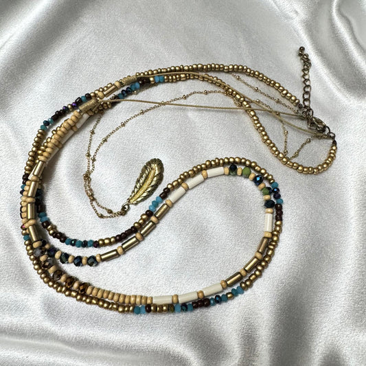 Bohemian Layered Necklace with  Wood, Turquoise, and AB Color Beads/Leaf Pendant