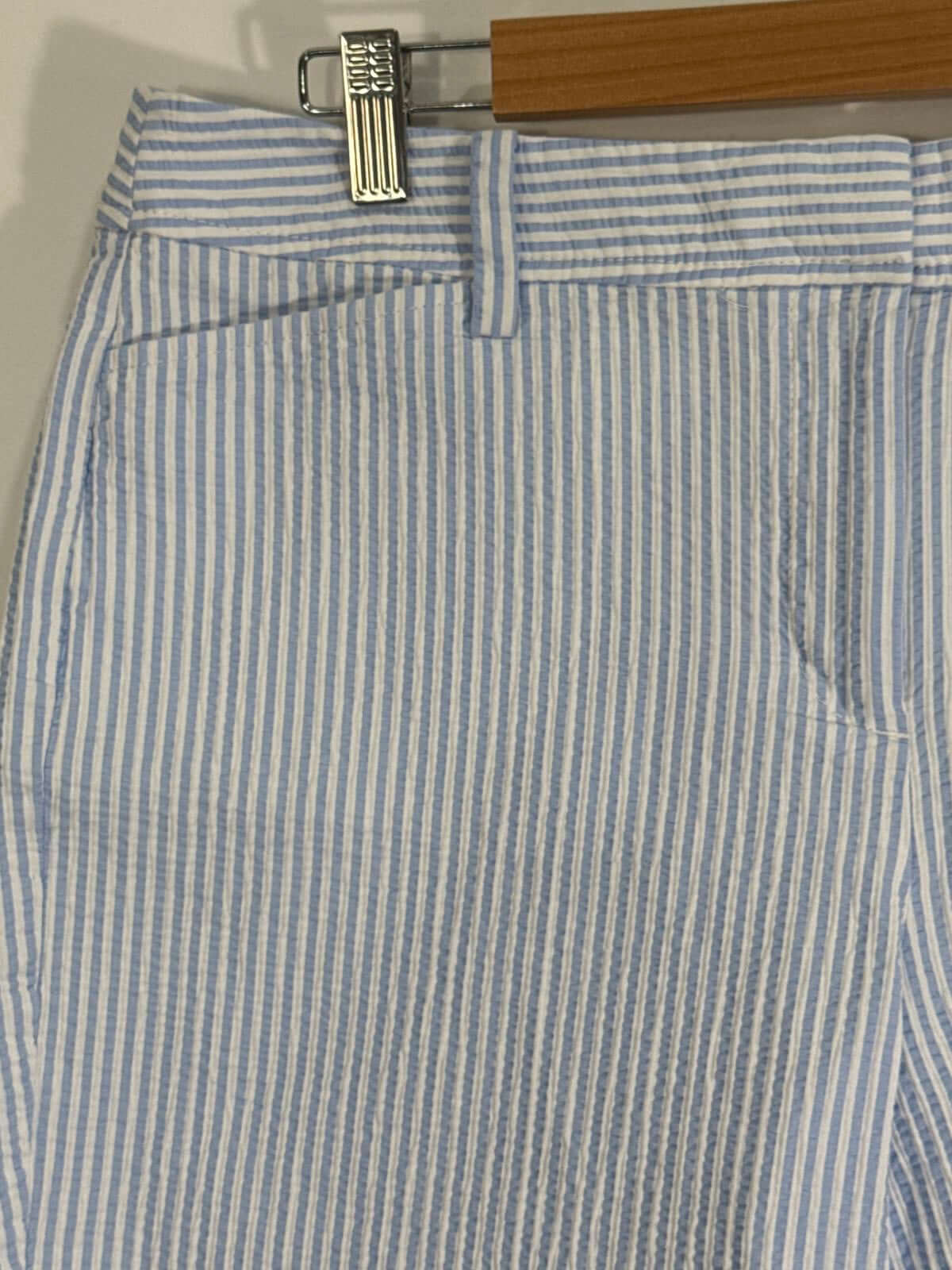 Talbots Women's Blue and White Striped Bermuda Shorts with Secure Waistband and Front Pocket Detail on Hanger.