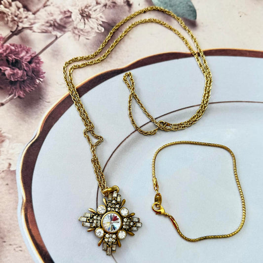 Vintage Gold Tone and Rhinestone Pendant Necklace with Coordinating Bracelet