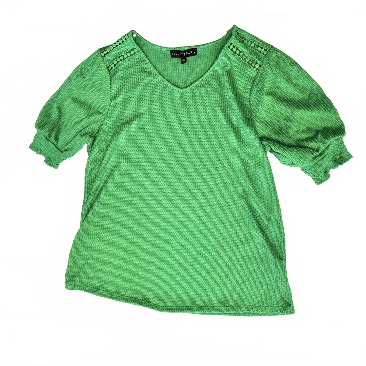 NWT Fab & David Green Puff Sleeve Blouse Women’s Top Crochet Trim Size XL