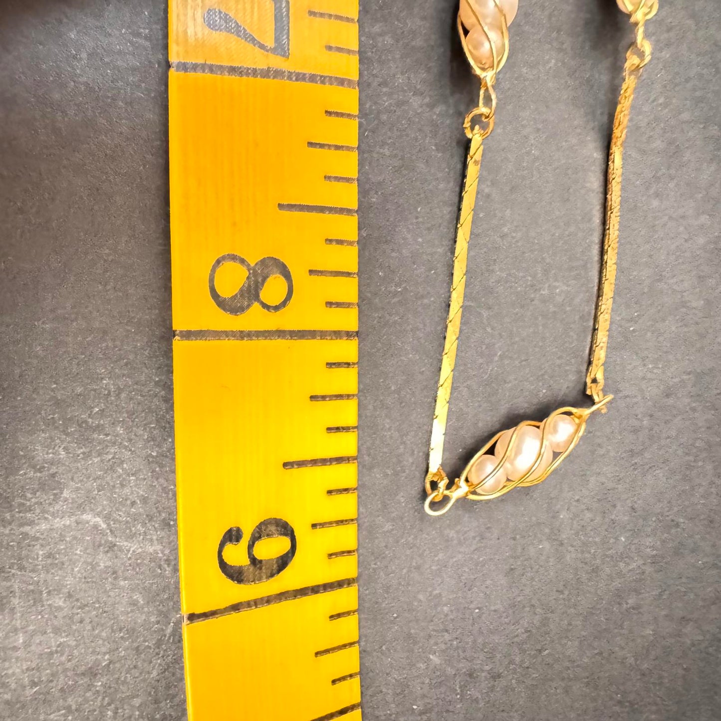 Gold Tone Pea Pod Necklace – Faux Pearl Beads, VTG Style Dainty Costume Jewelry