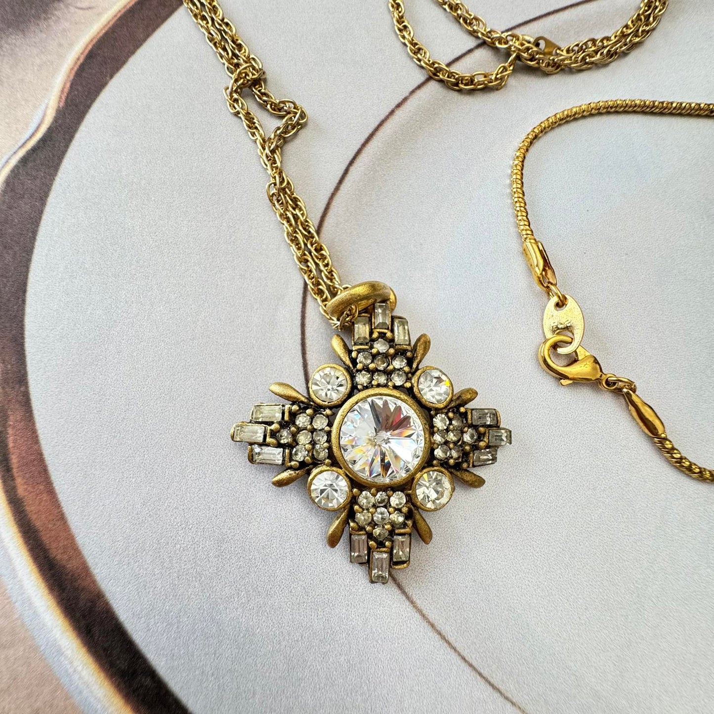 Vintage Gold Tone and Rhinestone Pendant Necklace with Coordinating Bracelet