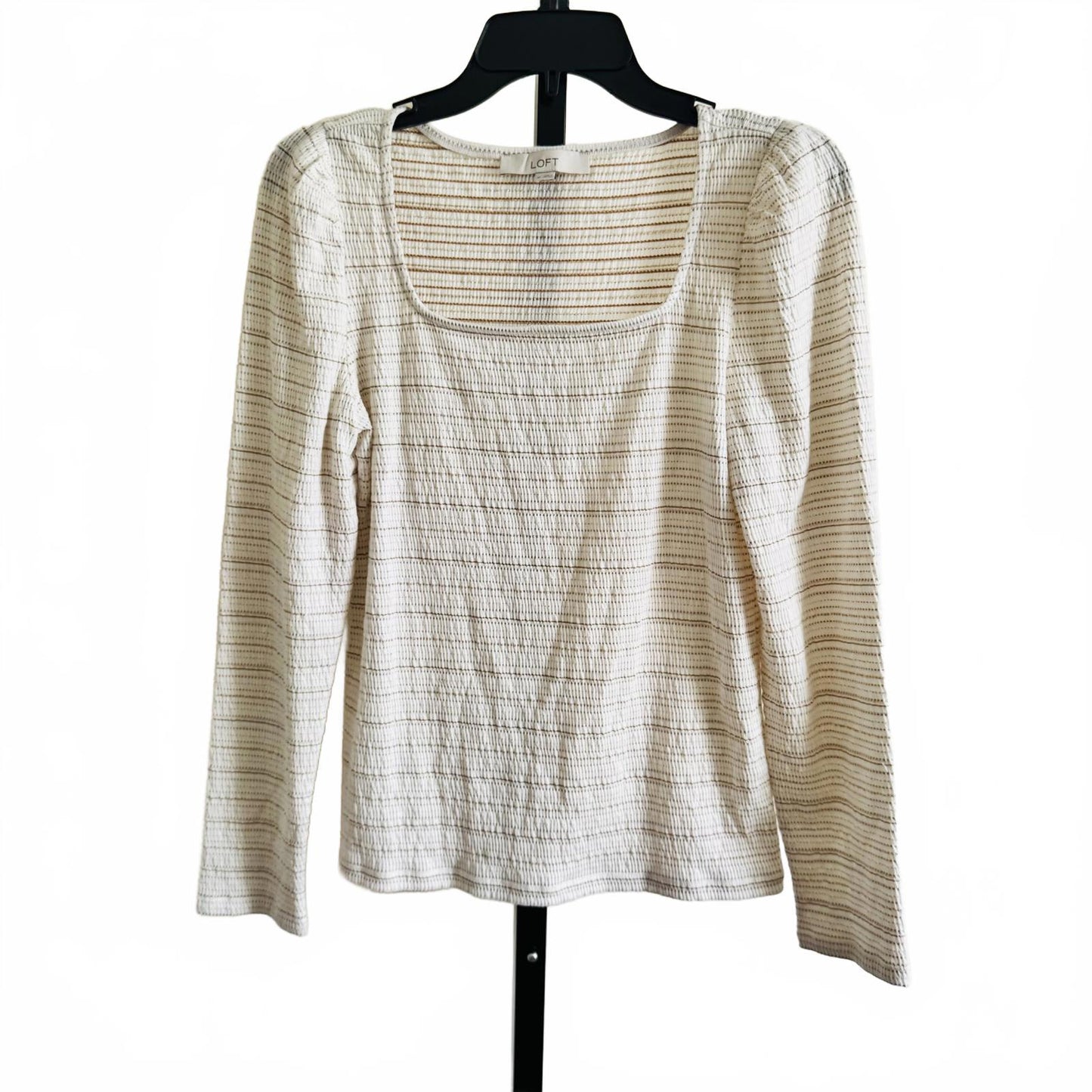LOFT Square Neck Top Women’s M Beige White Long Sleeve Puff Shoulder Knit