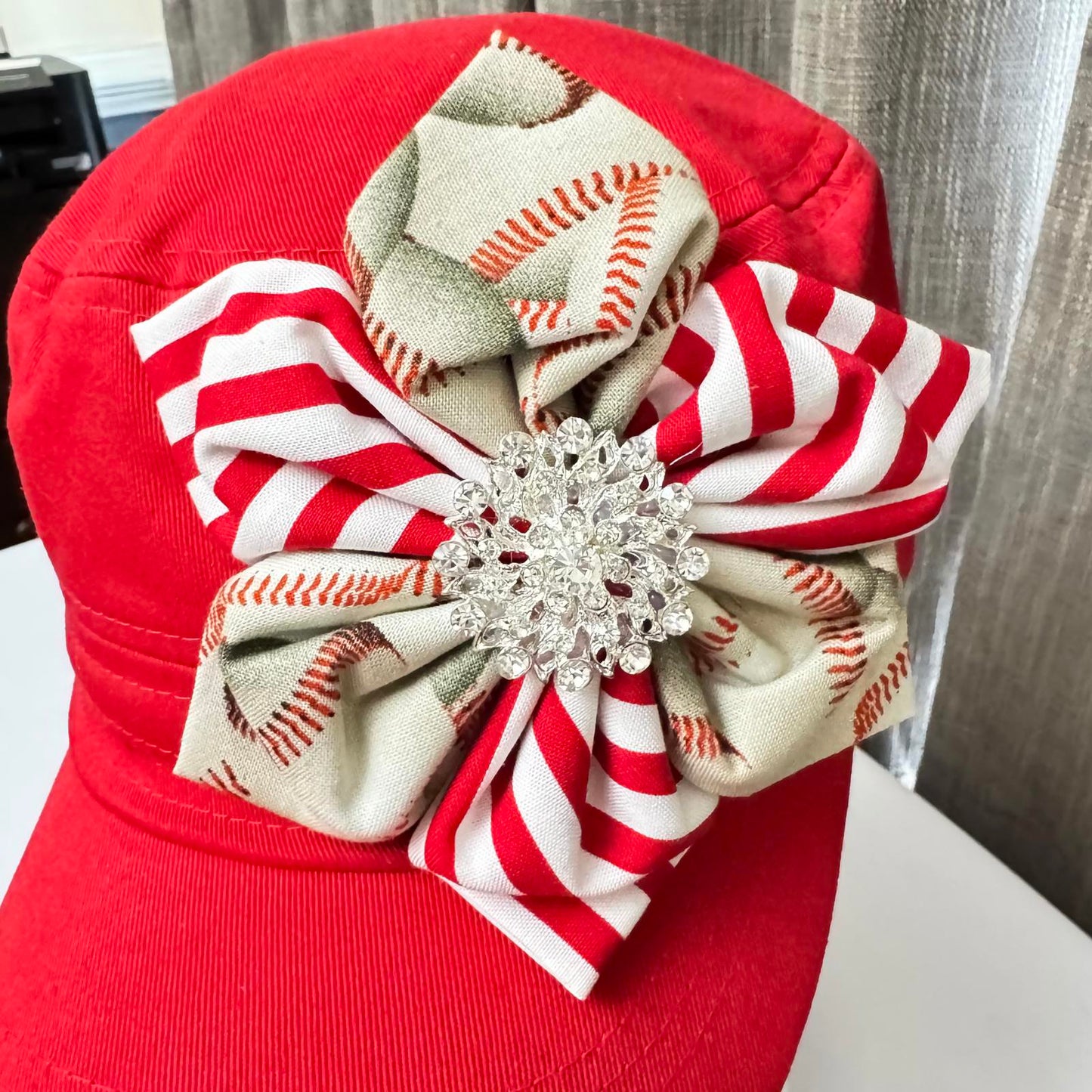 Charming Red Cap w/ Striped Bow & Rhinestone Accent Women's One size Adjustable